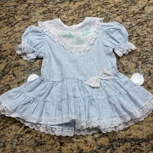 Vintage Cradle Togs Light Blue Floral Lace Embroidered Bib Collar Dress Kids
